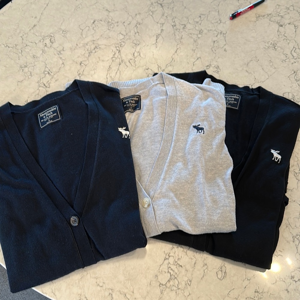 Abercrombie boyfriend cardigans, navy, grey, and black